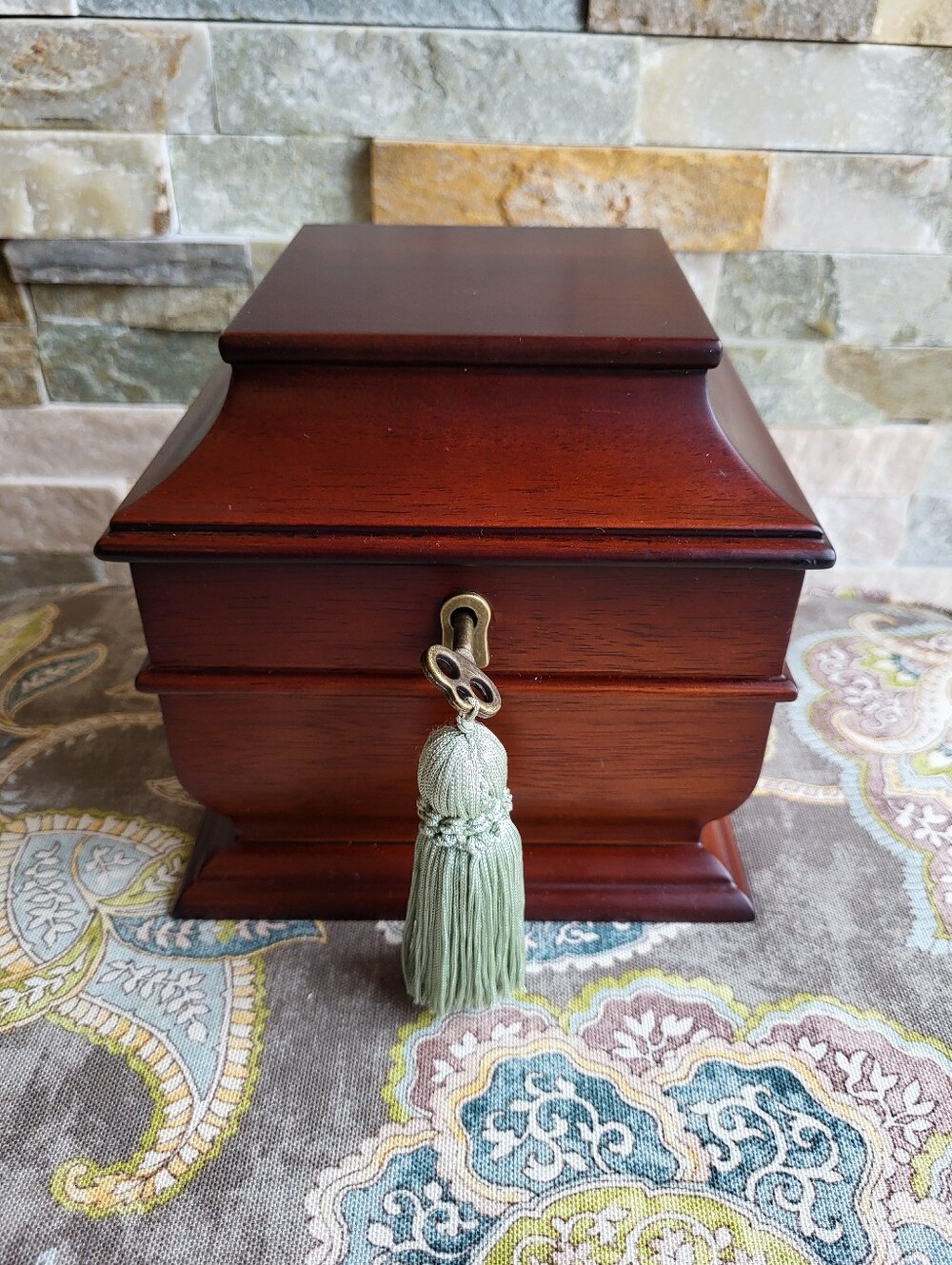 Bombay Company Mahogany Wooden Jewelry Chest with Pale Green Tassel